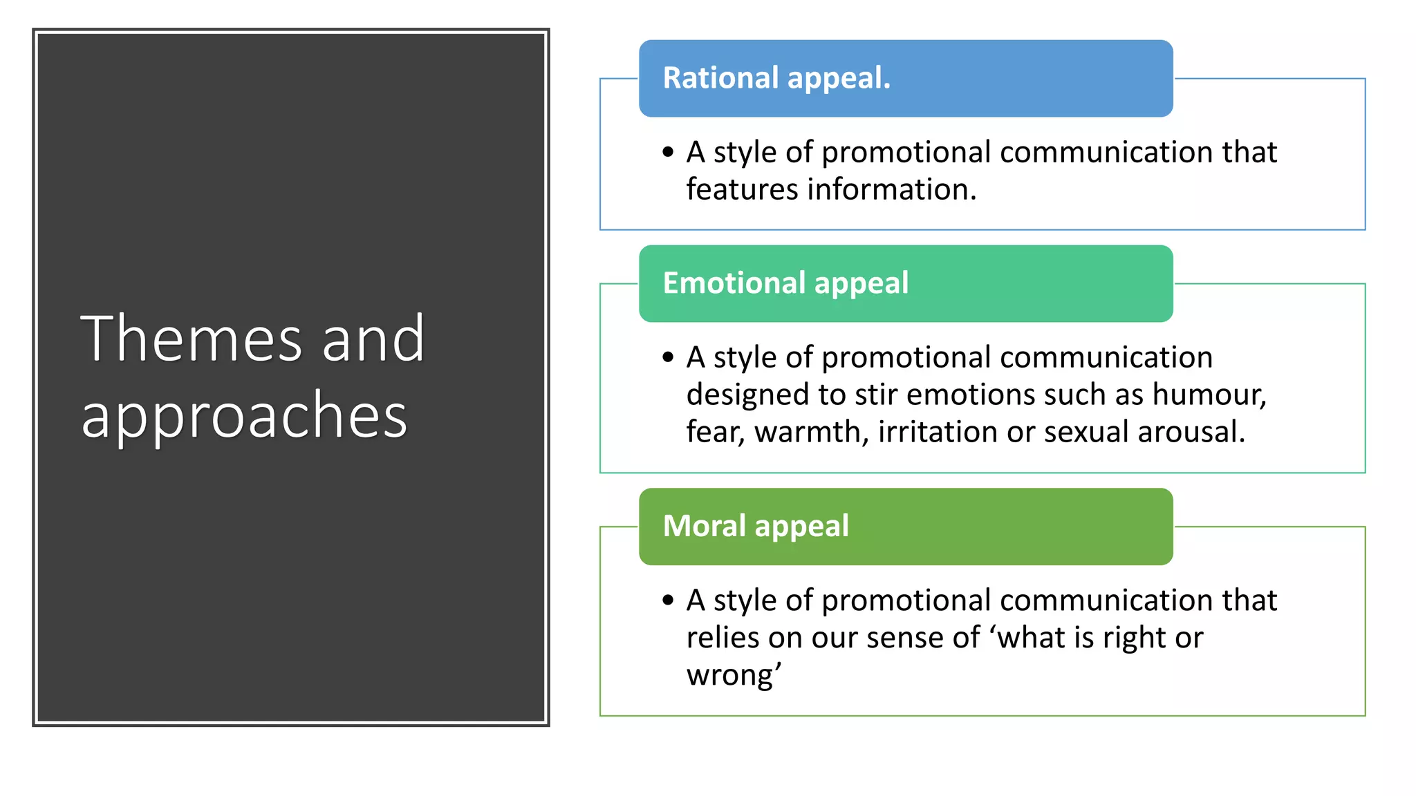 Themes and
approaches
• A style of promotional communication that
features information.
Rational appeal.
• A style of promotional communication
designed to stir emotions such as humour,
fear, warmth, irritation or sexual arousal.
Emotional appeal
• A style of promotional communication that
relies on our sense of ‘what is right or
wrong’
Moral appeal
 