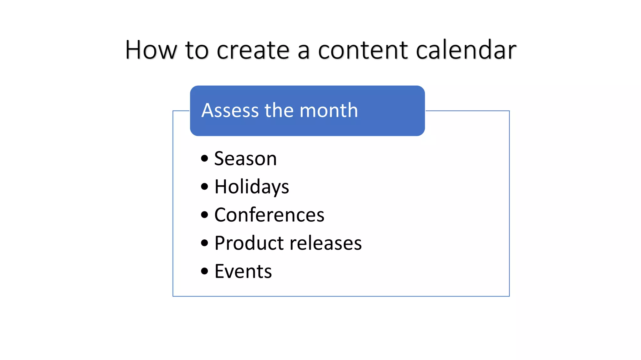 How to create a content calendar
• Season
• Holidays
• Conferences
• Product releases
• Events
Assess the month
 