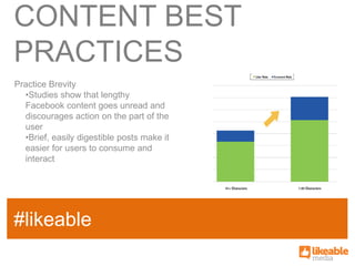 CONTENT BEST
PRACTICES
Practice Brevity
  •Studies show that lengthy
  Facebook content goes unread and
  discourages action on the part of the
  user
  •Brief, easily digestible posts make it
  easier for users to consume and
  interact




                                            SOME
#likeable
SAMPLE FACT
                                            HASHTAG
 