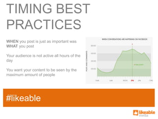 TIMING BEST
PRACTICES
WHEN you post is just as important was
WHAT you post

Your audience is not active all hours of the
day

You want your content to be seen by the
maximum amount of people



                                           SOME
#likeable
SAMPLE FACT
                                           HASHTAG
 