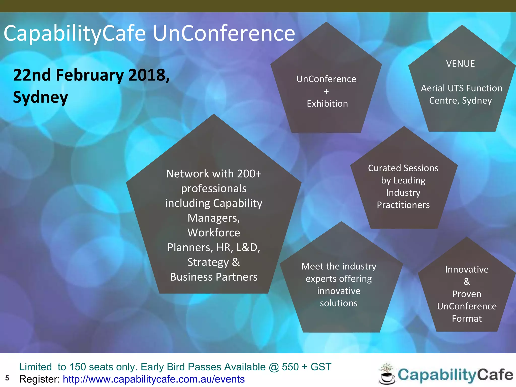 5
CapabilityCafe UnConference
Network with 200+
professionals
including Capability
Managers,
Workforce
Planners, HR, L&D,
Strategy &
Business Partners
UnConference
+
Exhibition
Curated Sessions
by Leading
Industry
Practitioners
Meet the industry
experts offering
innovative
solutions
22nd February 2018,
Sydney
VENUE
Aerial UTS Function
Centre, Sydney
Innovative
&
Proven
UnConference
Format
Limited to 150 seats only. Early Bird Passes Available @ 550 + GST
Register: http://www.capabilitycafe.com.au/events
 