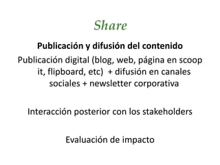 Share
Publicación y difusión del contenido
Publicación digital (blog, web, página en scoop
it, flipboard, etc) + difusión en canales
sociales + newsletter corporativa
Interacción posterior con los stakeholders
Evaluación de impacto
 
