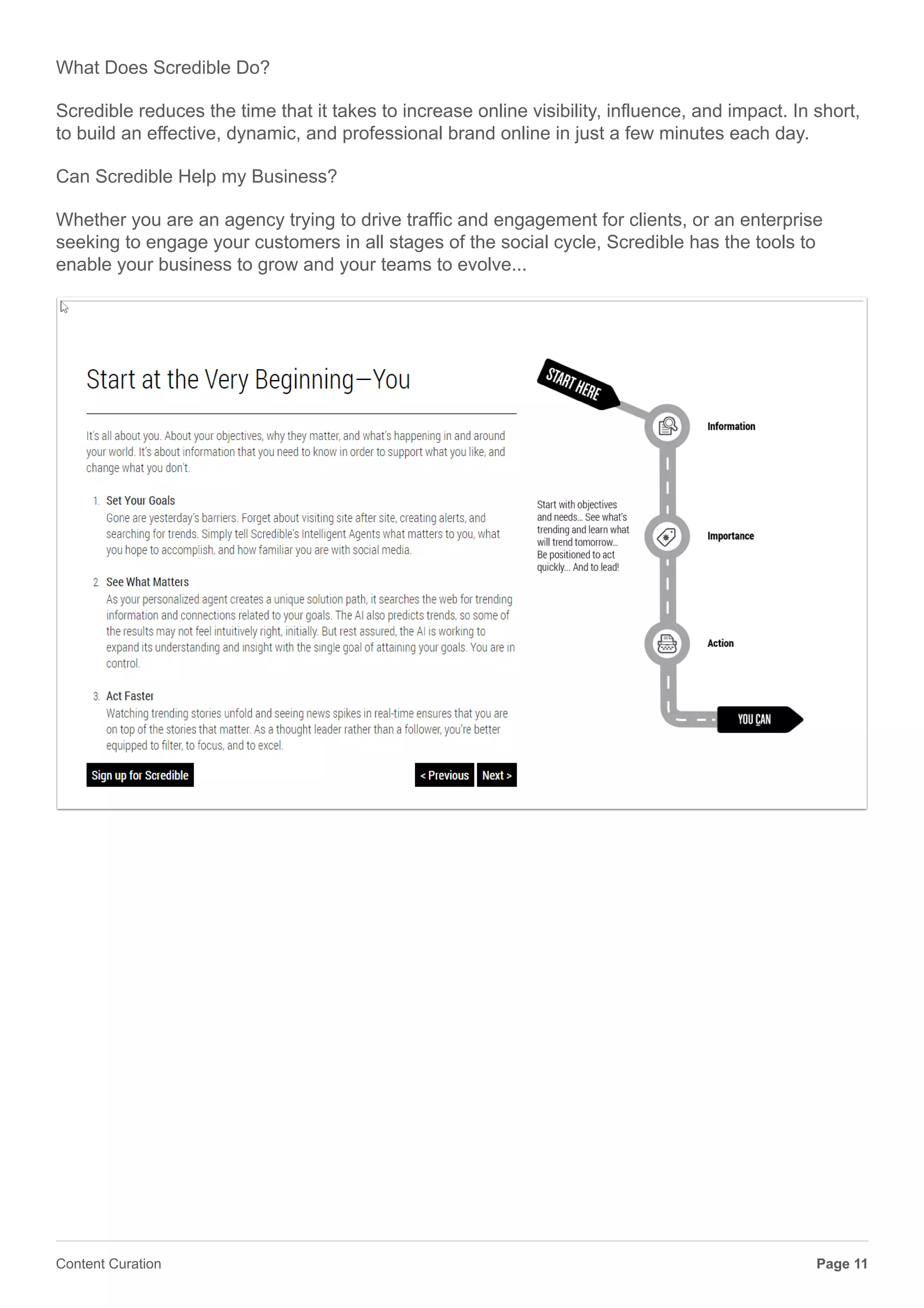 Setting up Scoop.it
Scredible
What is Scredible?
Scredible is the core social media application from Scredible plc. Designed to replace multiple
existing social reading, posting, scheduling, scoring, analytics, and other ‘helper’ applications,
Scredible is social credibility in a box. Well, in the ‘Cloud’ really.
Page 11Content Curation
 