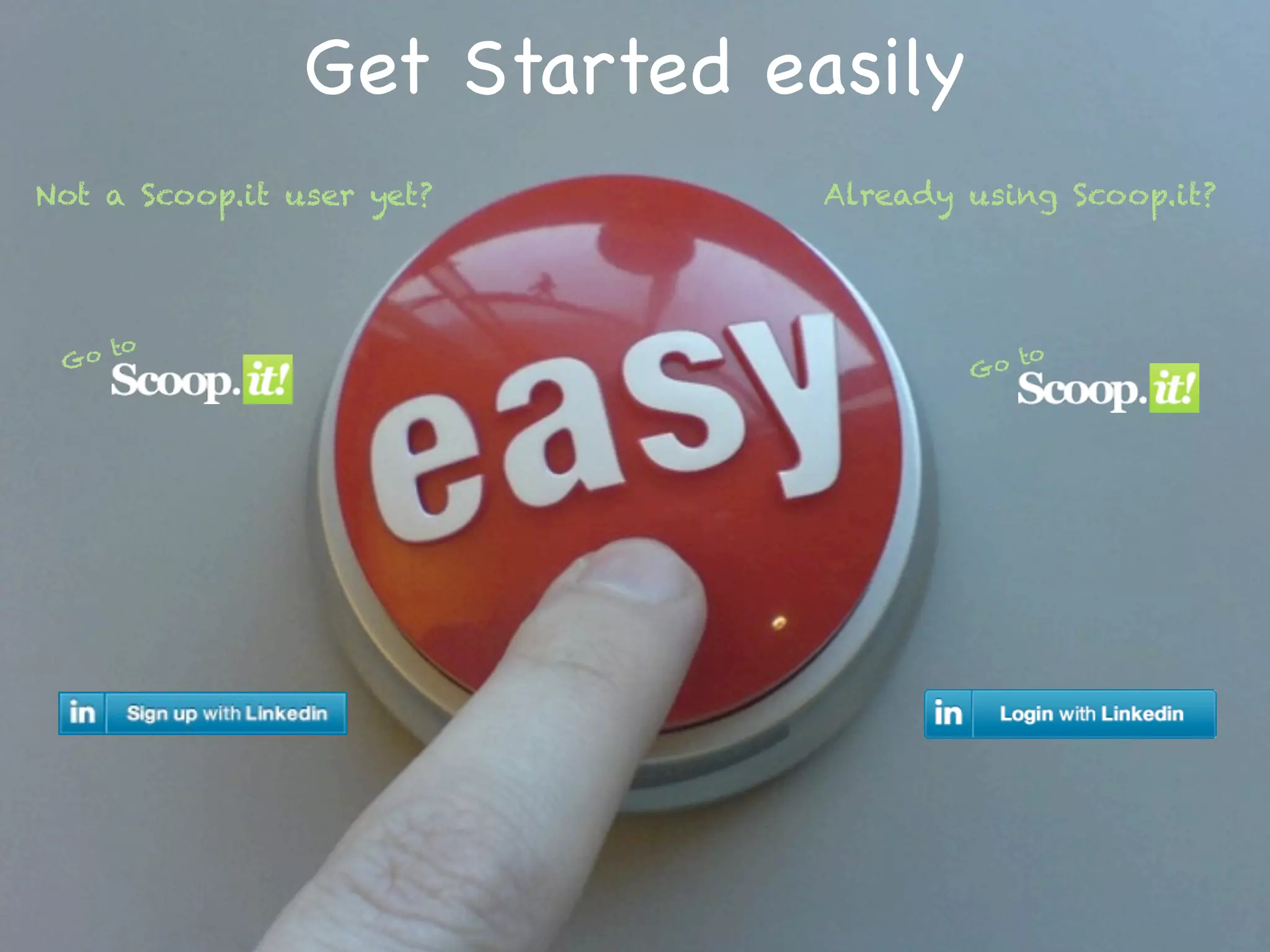 Get Started easily
Not a Scoop.it user yet?      Already using Scoop.it?




      to                                   to
 Go                                   Go
 
