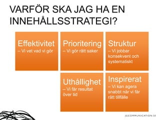 VARFÖR SKA JAG HA EN
INNEHÅLLSSTRATEGI?
Effektivitet
– Vi vet vad vi gör
Prioritering
– Vi gör rätt saker
Struktur
– Vi jobbar
konsekvent och
systematiskt
Uthållighet
– Vi får resultat
över tid
Inspirerat
– Vi kan agera
snabbt när vi får
rätt tillfälle
 