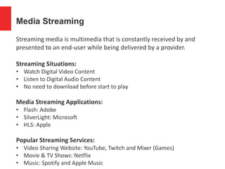 Media Streaming
Streaming media is multimedia that is constantly received by and
presented to an end-user while being delivered by a provider.
Streaming Situations:
• Watch Digital Video Content
• Listen to Digital Audio Content
• No need to download before start to play
Media Streaming Applications:
• Flash: Adobe
• SilverLight: Microsoft
• HLS: Apple
Popular Streaming Services:
• Video Sharing Website: YouTube, Twitch and Mixer (Games)
• Movie & TV Shows: Netflix
• Music: Spotify and Apple Music
 
