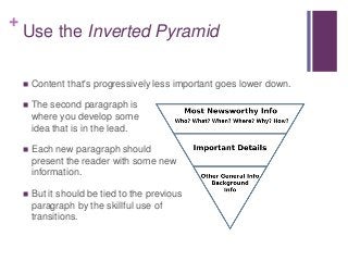 +
Use the Inverted Pyramid
 Content that's progressively less important goes lower down.
 The second paragraph is
where you develop some
idea that is in the lead.
 Each new paragraph should
present the reader with some new
information.
 But it should be tied to the previous
paragraph by the skillful use of
transitions.
 