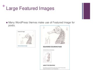+
Large Featured Images
 Many WordPress themes make use of Featured Image for
posts.
 