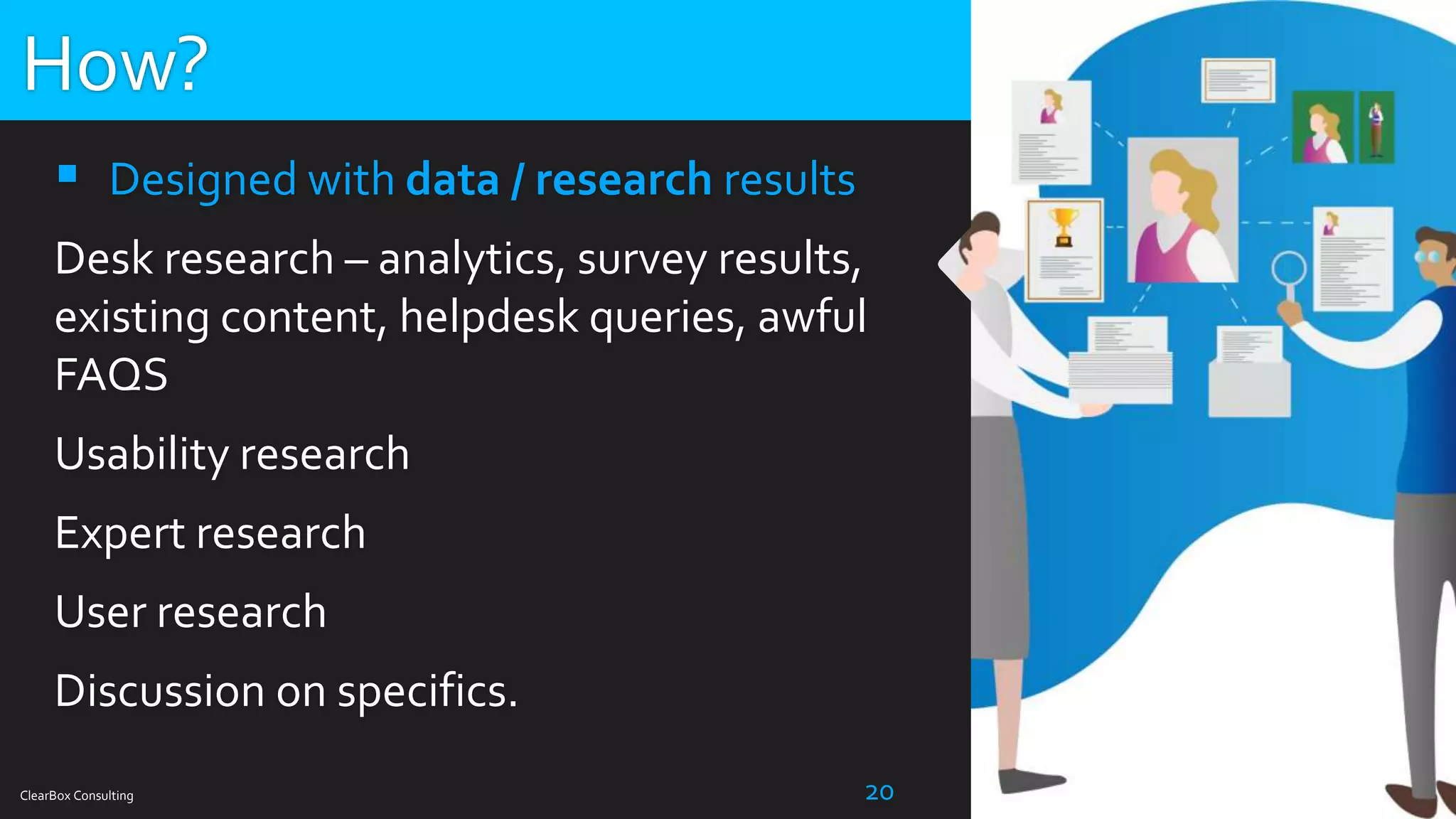 ClearBox Consulting 20
 Designed with data / research results
Desk research – analytics, survey results,
existing content, helpdesk queries, awful
FAQS
Usability research
Expert research
User research
Discussion on specifics.
How?
 
