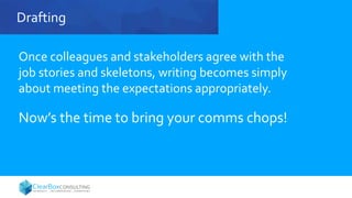 Drafting
Once colleagues and stakeholders agree with the
job stories and skeletons, writing becomes simply
about meeting the expectations appropriately.
Now’s the time to bring your comms chops!
 