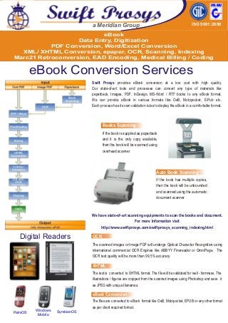 eBook
Data Entry, Digitization
PDF Conversion, Word/Excel Conversion
XML/ XHTML Conversion, epaper, OCR, Scanning, Indexing
Marc21 Retroconversion, EAD Encoding, Medical Billing / Coding
eBook Conversion Services
Swift Prosys provides eBook conversion at a low cost with high quality.
Our state-of-art tools and processes can convert any type of materials like
paperback, Images, PDF, InDesign, MS-Word / RTF books to any eBook format.
We can provide eBook in various formats like OeB, Mobipocket, E-Pub etc.
Each process has its own validation rules to display the eBook in a comfortable format.
Books Scanning
Auto Book Scanning
OCR
XHTML
eBook Conversion
If the book is supplied as paperback
and it is the only copy available,
then the book will be scanned using
overhead scanner
If the book has multiple copies,
then the book will be unbounded
and scanned using the automatic
document scanner
We have state-of-art scanning equipments to scan the books and document.
For more Information visit
http://www.swiftprosys.com/swiftprosys_scanning_indexing.html
The scanned images or Image PDF will undergo Optical Character Recognition using
international commercial OCR Engines like ABBYY Finereader or OmniPage. The
OCR text quality will be more than 99.5% accuracy
The text is converted to XHTML format. The file will be validated for well - formness. The
illustrations / figures are cropped from the scanned images using Photoshop and save it
as JPEG with unique filenames.
The files are converted to eBook format like OeB, Mobipocket, EPUB or any other format
as per client required format.
Digital Readers
PalmOS
Windows
Mobile
SymbianOS
ISO 9001:2008a Meridian Group
 