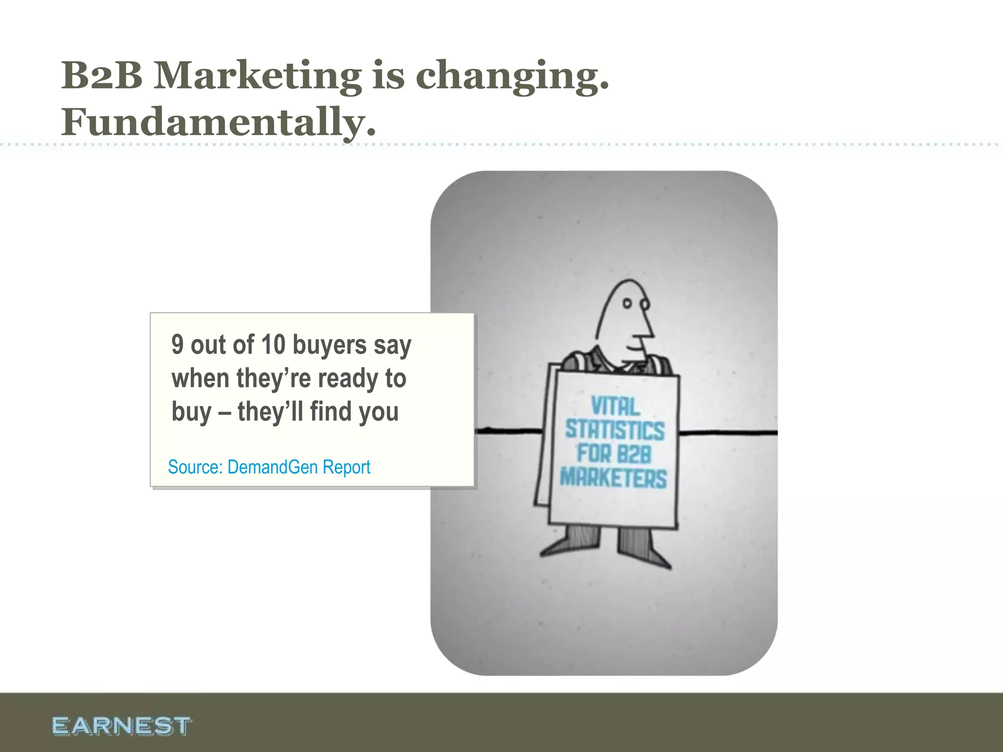 B2B Marketing is changing.
Fundamentally.
9 out of 10 buyers say
when they’re ready to
buy – they’ll find you
Source: DemandGen Report
 