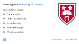 Learning from University of Leicester
Five workflow stages:
Content added
Sent to department
Amends made
Ready for design
...