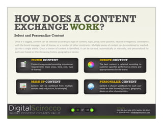 HOW DOES A CONTENT
EXCHANGE WORK?
Select and Personalize Content
S#)%&7$&7- &$+,,%0;&)"#$%#$&)+#&9%&-%8%)$%0&+))".07#,&$"&$1<% &"3&)"#$%#$;&$"<7);&<.7)%;&$"#%&T<"-7>4%;&#%?$.+8 &".&#%,+>4%U;&)"#-7-$%#)1&
/7$*&$*%&9.+#0&=%--+,%;&$1<%&"3&87)%#-%;&".&+ &#?=9%.&"3&"$*%.&)"#-$.+7#$-5&_?8><8%&<7%)%- &"3&)"#$%#$&)+#&9%&)"=97#%0&".&=+-*%0Z
?<&7#$"&+ &-7#,8% &+.>)8%5& S#)%&+&-$.%+=&"3& )"#$%#$& 7- &70%#>R%0;&7$&)+#&9%&)?.+$%0;& +?$"=+>)+881& ".& =+#?+881;&+#0&<%.-"#+87:%0&3".&
%+)*&?-%.&9+-%0&"#&$*%7.&9."/-7#,&*7-$".1;&,%",.+<*1&".&0%47)%5


                FILTER CONTENT                                                         CURATE CONTENT
                !"#$%#$&7-&-%,=%#$%0&+))".07#,&$"&)?-$"=%.&                            6*%& 9%-$& )"#$%#$& 7-& -%8%)$%0& +))".07#,& $"&
                .%c?7.%=%#$-& T$"<7)& +.%+-;& $"#%;& )"-$;& $1<%&                      )?-$"=%.& -<%)7R%0&<%.3".=+#)%&).7$%.7+ &+#0&
                "3&87)%#-%U5                                                           +<<."<.7+$%#%--&3".&$*%&9.+#05




                MASH-UP CONTENT                                                        PERSONALIZE CONTENT
                !"#$%#$& )+#& 9%& )"=97#%0& 3."=& =?8><8%&                             !"#$%#$& 7-&)*"-%#& -<%)7R)+881& 3".& %+)*& ?-%.&
                -"?.)%-&T$%($&+#0&<7)$?.%;&3".&%(+=<8%U5                               9+-%0&"#&$*%7.&9."/-7#,& *7-$".1;&,%",.+<*1;&
                                                                                       0%47)%&".&"$*%.&)*+.+)$%.7->)-5




                                                                                                          !"#$%&$'()
                                                                    E   %&   CC                           ABCA&D$*&E4%;&F?7$%&BCGC;&F%+H8%;&IE&JKBAB
                                                                                                          L5&&ACM5DBK5MDBC&N&7#3"O07,7$+8-)7."))"5)"=
 