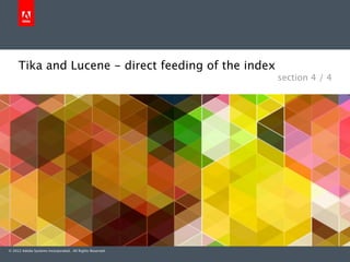 Tika and Lucene - direct feeding of the index
                                                          section 4 / 4




© 2012 Adobe Systems Incorporated. All Rights Reserved.
 