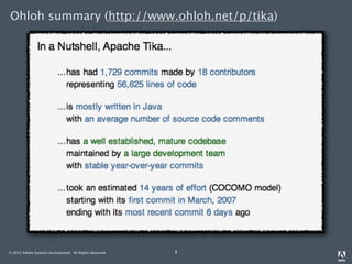 Ohloh summary (http://www.ohloh.net/p/tika)




© 2012 Adobe Systems Incorporated. All Rights Reserved.   8
 