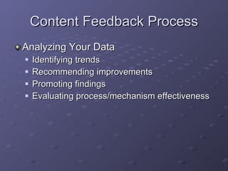 Content Feedback Process Analyzing Your Data Identifying trends Recommending improvements Promoting findings Evaluating process/mechanism effectiveness 