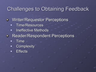 Challenges to Obtaining Feedback Writer/Requestor Perceptions Time/Resources Ineffective Methods Reader/Respondent Perceptions Time Complexity Effects 