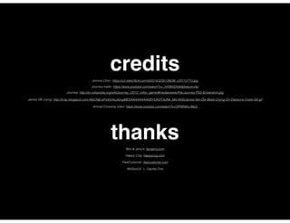 Jenova Chen: https://c2.staticﬂickr.com/4/3314/3235139236_c3f17cf77d.jpg
Journey: http://en.wikipedia.org/wiki/Journey_(2012_video_game)#mediaviewer/File:Journey-PS3-Screenshot.jpg
Journey trailer: https://www.youtube.com/watch?v=_mF8KkDiIdk&feature=kp
James VB crying: http://4.bp.blogspot.com/-MzCNjlLwFd4/U4oJsbxgMDI/AAAAAAAAKBY/UKDT3ufNk_M/s1600/James-Van-Der-Beek-Crying-On-Dawsons-Creek-Gif.gif
Animal Crossing video: https://www.youtube.com/watch?v=OPXRAKu-MyQ
credits
Ben & Jerry’s: benjerry.com
Happy Cog: happycog.com
FastCustomer: fastcustomer.com
thanks
MoDevUX + Capital One
 