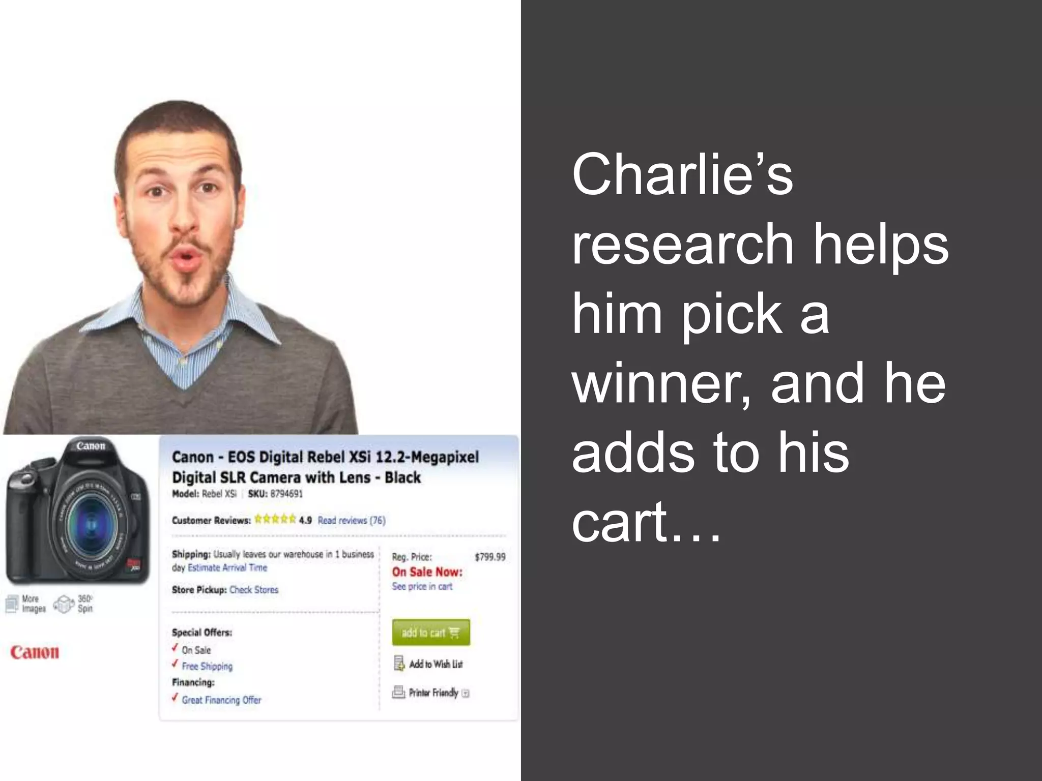 Charlie’s
        research helps
        him pick a
White   winner, and he
        adds to his
        cart…
 
