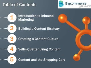 Table of Contents

       Introduction to Inbound
   1   Marketing

   2   Building a Content Strategy


   3   Creating a Content Culture


   4   Selling Better Using Content


   5   Content and the Shopping Cart
                                       5
 
