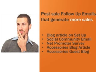Post-sale Follow Up Emails
                     that generate more sales


             White   •   Blog article on Set Up
                     •   Social Community Email
                     •   Net Promoter Survey
                     •   Accessories Blog Article
                     •   Accessories Guest Blog


#inbound12
 