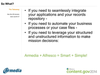 So What?
The Takeaway
Has this 30 minutes
been worth it?

• If you need to seamlessly integrate
your applications and your records
repository • If you need to automate your business
processes or your case files • If you need to leverage your structured
and unstructured information to make
mission decisions:

Armedia + Alfresco = Smart + Simple!

 
