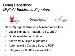 Going Paperless:
Digital / Electronic Signature



 Securely sign within your Alfresco repository
 •    Legal Signature – eSign ACT & UETA
 •    Dual-Level Authentication
 •    Allows for Multiple Signatures
 •    Automatically Creates Secure PDF
 •    Integrates with Alfresco Workflow
 