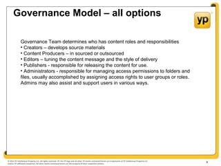 © 2012 YP Intellectual Property LLC. All rights reserved. YP, the YP logo and all other YP marks contained herein are trademarks of YP Intellectual Property LLC
and/or YP affiliated companies. All other marks contained herein are the property of their respective owners.
Governance Model – all options
9
Governance Team determines who has content roles and responsibilities
• Creators – develops source materials
• Content Producers – in sourced or outsourced
• Editors – tuning the content message and the style of delivery
• Publishers - responsible for releasing the content for use.
• Administrators - responsible for managing access permissions to folders and
files, usually accomplished by assigning access rights to user groups or roles.
Admins may also assist and support users in various ways.
 
