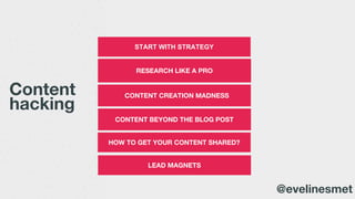 RESEARCH LIKE A PRO
CONTENT CREATION MADNESS
START WITH STRATEGY
Content
hacking
CONTENT BEYOND THE BLOG POST
HOW TO GET YOUR CONTENT SHARED?
@evelinesmet
LEAD MAGNETS
 