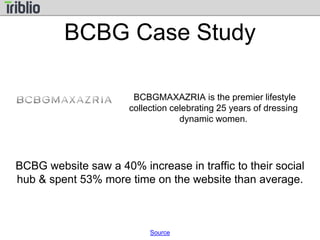 BCBG Case Study 
BCBGMAXAZRIA is the premier lifestyle 
collection celebrating 25 years of dressing 
dynamic women. 
BCBG website saw a 40% increase in traffic to their social 
hub & spent 53% more time on the website than average. 
Source 
 