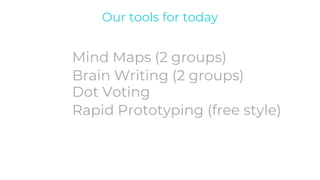 Our tools for today
Brain Writing (2 groups)
Mind Maps (2 groups)
Dot Voting
Rapid Prototyping (free style)
 