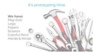 It’s prototyping time
We have:
Play-Doh
Lego
Papers
Scissors
Colorful Pens
Hands & Minds
 