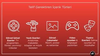 Telif Gerektiren İçerik Türleri
Tiyatro
Eserleri: Sahne
oyunları ve
müzikaller
Görsel-İşitsel
Eserler: TV
programları,
ﬁlmler, çevrimiçi
videolar
Yazılı Eserler:
Anlatımlar,
makaleler,
kitaplar ve müzik
besteleri
Görsel
Çalışmalar:
Resim, poster
ve reklamlar
Video
oyunları &
bilgisayar
yazılımları
 