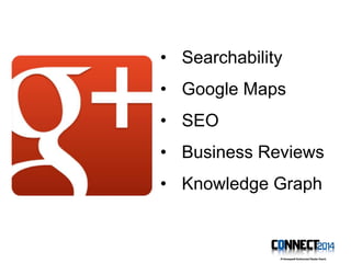 • Searchability
• Google Maps
• SEO
• Business Reviews
• Knowledge Graph
 