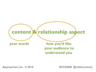 11
Appropriate, Inc. © 2010 #CCDAIB @mbloomstein
content & relationship aspect
your words how you’d like
your audience to
...