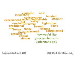 23
Appropriate, Inc. © 2010 #CCDAIB @mbloomstein
how you’d like
your audience to
understand you
high-brow
fancy
innovative...