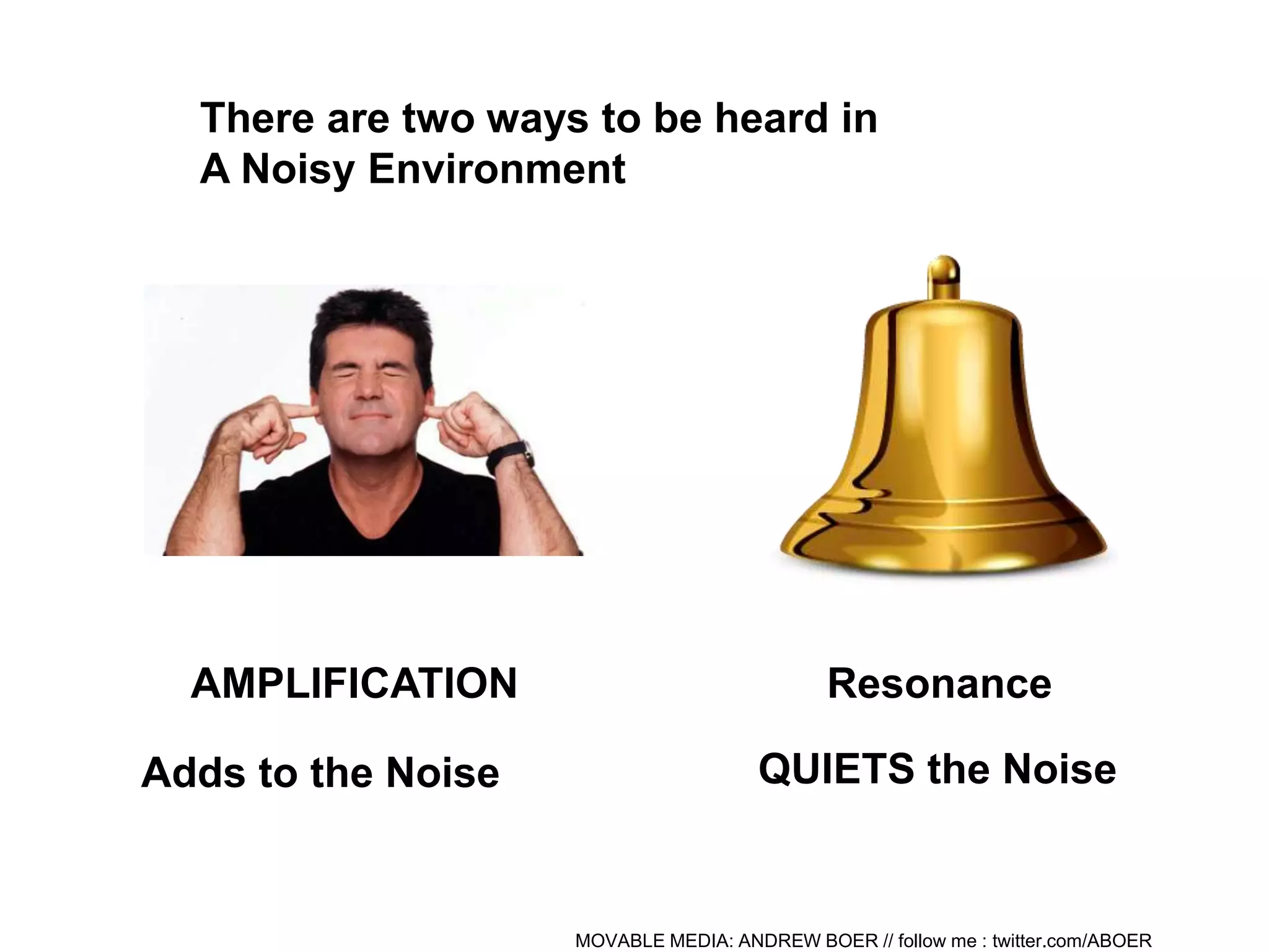 MOVABLE MEDIA: ANDREW BOER // follow me : twitter.com/ABOER
ResonanceAMPLIFICATION
There are two ways to be heard in
A Noisy Environment
Adds to the Noise QUIETS the Noise
 