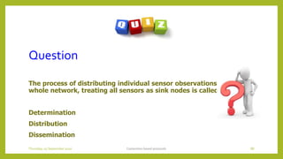 Question
The process of distributing individual sensor observations to the
whole network, treating all sensors as sink nodes is called
Determination
Distribution
Dissemination
Contention based protocols 88Thursday, 03 September 2020
 