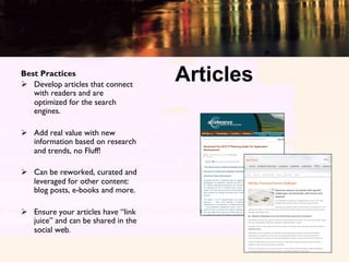 Best Practices
Ø  Develop articles that connect
                                      Articles
    with readers and are
 ...