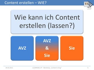 Content erstellen – WIE?


             Wie kann ich Content
              erstellen (lassen?)
                                   AVZ
              AVZ                     &                          Sie
                                    Sie

04.03.2013          eLEARNiNG UP – Workshop: „Content Is King“         6
 