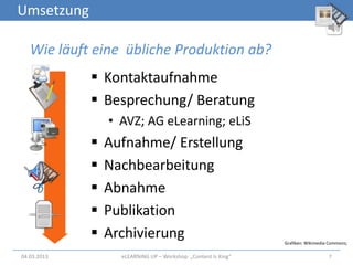 Umsetzung

   Wie läuft eine übliche Produktion ab?
              Kontaktaufnahme
              Besprechung/ Beratung
                 • AVZ; AG eLearning; eLiS
                Aufnahme/ Erstellung
                Nachbearbeitung
                Abnahme
                Publikation
                Archivierung                                   Grafiken: Wikimedia Commons;

04.03.2013         eLEARNiNG UP – Workshop: „Content Is King“                      7
 