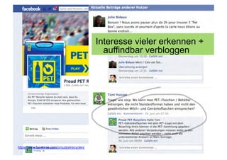 Interesse vieler erkennen +
                                               auffindbar verbloggen




https://www.facebook.com/proudpetrecyclers                            36
                                             Corporate Dialog
 