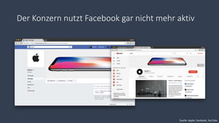 Der Konzern nutzt Facebook gar nicht mehr aktiv
Quelle: Apple, Facebook, YouTube
 