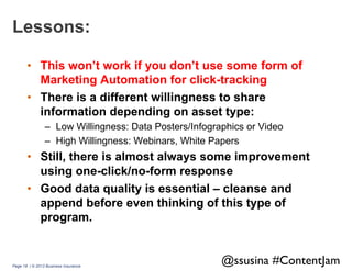 Lessons:
•  This won’t work if you don’t use some form of
Marketing Automation for click-tracking
•  There is a different willingness to share
information depending on asset type:
–  Low Willingness: Data Posters/Infographics or Video
–  High Willingness: Webinars, White Papers

•  Still, there is almost always some improvement
using one-click/no-form response
•  Good data quality is essential – cleanse and
append before even thinking of this type of
program.

Page 18 | © 2013 Business Insurance

@ssusina #ContentJam	


 