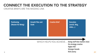 CONNECT THE EXECUTION TO THE STRATEGY
8
Positioning
(Reason for Being)
Growth Plan and
Goals
Creative Brief Execution
(soc...