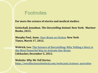 Footnotes
For more the science of stories and medical studies:
Gottschall, Jonathan. The Storytelling Animal. New York: Mariner
Books, 2012.
Murphy Paul, Anne. Your Brain on Fiction. New York
Times, March 17, 2012.

Widrich, Leo. The Science of Storytelling: Why Telling a Story is
the Most Powerful Way to Activate Our Brain.
Lifehacker, December 5, 2012.
Website: Why We Tell Stories.
http://worldsciencefestival.com/webcasts/science_narrative

 