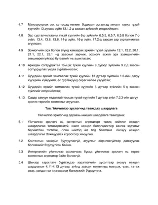 4.7    Mансууруулах эм, сэтгэцэд нөлөөт бодисын эргэлтэд хяналт тавих тухай
       хуулийн 13 дугаар зүйл 13.1.2-д заасан зүйлсийг илэрхийлсэн;

4.8    Зар сурталчилгааны тухай хуулийн 6-р зүйлийн 6.5.5, 6.5.7, 6.5.8 болон 7-р
       зүйл, 13.4, 13.6, 13.8, 14-р зүйл, 16-р зүйл, 17.2-д заасан зар сурталчилгаа
       агуулсан;

4.9    Зохиогчийн эрх болон түүнд хамаарах эрхийн тухай хуулийн 12.1, 12.2, 20.1,
       21.1, 22.1, 25.1 –д заасныг зөрчиж, зохиогч эсхүл эрх эзэмшигчийн
       зөвшөөрөлгүйгээр бүтээлийг нь ашигласан;

4.10   Архидан согтуурахтай тэмцэх тухай хуулийн 9 дүгээр зүйлийн 9.2-д заасан
       согтууруулах ундаа сурталчилсан;

4.11   Хүүхдийн эрхийг хамгаалах тухай хуулийн 13 дугаар зүйлийн 1.6-ийн дагуу
       хүүхдийн хүмүүжил, ёс суртахуунд сөрөг нөлөө үзүүлсэн;

4.12   Хүүхдийн эрхийг хамгаалах тухай хуулийн 6 дугаар зүйлийн 5-д заасан
       зүйлсийг илэрхийлсэн;

4.13   Садар самуун явдалтай тэмцэх тухай хуулийн 7 дугаар зүйл 7.2.3-ийн дагуу
       эротик төрлийн контентыг агуулсан.

                  Тав. Үйлчилгээ эрхлэгчид тавигдах шаардлага

             Үйлчилгээ эрхлэгчид дараахь нөхцөл шаардлага тавигдана:

5.1    Үйлчилгээ эрхлэгч нь контентын агрегаторт тавих нийтлэг нөхцөл
       шаардлагаа ялгаварлахгүй, ижил нөхцөл бололцоогоор хангах зарчмыг
       баримтлан тогтоож, олон нийтэд ил тод байлгана. Энэхүү нөхцөл
       шаардлагыг Зохицуулах хороогоор хянуулна.

5.2    Контентын чанарыг бууруулахгүй, агуулгыг өөрчлөхгүйгээр дамжуулах
       боломжийг бүрдүүлсэн байна.

5.3    Интернэтийн үйлчилгээ эрхлэгчээс бусад үйлчилгээ эрхлэгч нь өөрөө
       контентын агрегатор байж болохгүй.

5.4    Шинээр хэрэглэгч бүртгэхдээ хэрэглэгчийн хүсэлтээр энэхүү нөхцөл
       шардлагын 4.11-4.13 дугаар зүйлд заасан контентид нэвтрэх, үзэх, татаж
       авах, хандалтыг хязгаарлах боломжийг бүрдүүлнэ.
 