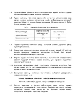 5.5    Үүрэн холбооны үйлчилгээ эрхлэгч нь агрегаторыг өөрийн төлбөр тооцооны
       системтэй байх боломжийг нээлттэй байлгана.

5.6    Үүрэн холбооны үйлчилгээ эрхлэгчийн контентын үйлчилгээнээс авах
       орлого нь хэрэв контентын үйлчилгээнд өөрийн төлбөр тооцооны системийг
       ашиглаж байвал 20 хувиас, бусад тохиолдолд 10 хувиас хэтрэхгүй байна
       (хүснэгтээр харуулав).

                     Хүснэгт 1: Контентын үйлчилгээний орлого хувиарлалт

                                      Үйлчилгээ эрхлэгчийн
        Оролцогч талууд               төлбөрийн системийг      Бусад тохиолдолд
                                        ашиглаж буй бол
                                             < 20%                   < 10%
        Үйлчилгээ эрхлэгч
        Контентын агрегатор                  > 80%                   > 90%




5.7    Төрөөс баримтлах чиглэлийн дагуу           интернэт хаягийн дараагийн (IPv6)
       хувилбарт шилжинэ.

5.8    Зохицуулах хорооноос зарласан зөрчилтэй интернэт хаягийг (IP address)
       өөрийн серверээр дамжуулан интернэтэд холбохгүй байх үүргийг
       интернэтийн үйлчилгээ эрхлэгч хүлээнэ.

5.9    Өөрийн үндсэн үйлчилгээ болон контентын үйлчилгээний талаархи ялгаа
       заагийг тодорхой тусгасан заавар зөвлөмж, үнэ тарифын мэдээллээр
       хэрэглэгчдийг хангана.

5.10   Контентын үйлчилгээний үнийг хэрэглэгчдэд урьдчилан мэдэгдсэн байх
       бөгөөд төлбөр тооцоог хэрэглэгч өөрийн билл дээр контентын агрегатор тус
       бүрээр нь хянах боломжийг олгоно.

5.11   Зохицуулах хороонд контентын үйлчилгээтэй холбоотой шаардлагатай
       мэдээллийг гаргаж өгнө.

            Зургаа. Контентын агрегаторт тавигдах нөхцөл шаардлага

             Контентын агрегаторт дараахь нөхцөл шаардлага тавигдана:

6.1    Контент агрегатор нь контент нийлүүлэгчид тавих нийтлэг нөхцөл
       шаардлагаа ялгаварлахгүй, ижил нөхцөл бололцоогоор хангах зарчмыг
       баримтлан тогтоож, олон нийтэд ил тод байлгана. Энэхүү нөхцөл
       шаардлагыг Зохицуулах хороогоор хянуулна.
 