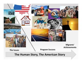 The	
 Issues	
  Program	
 Success	
 
The	
 Human	
 Story,	
 The	
 American	
 Story	

Migrants’	
 	
 
Achievements	

 